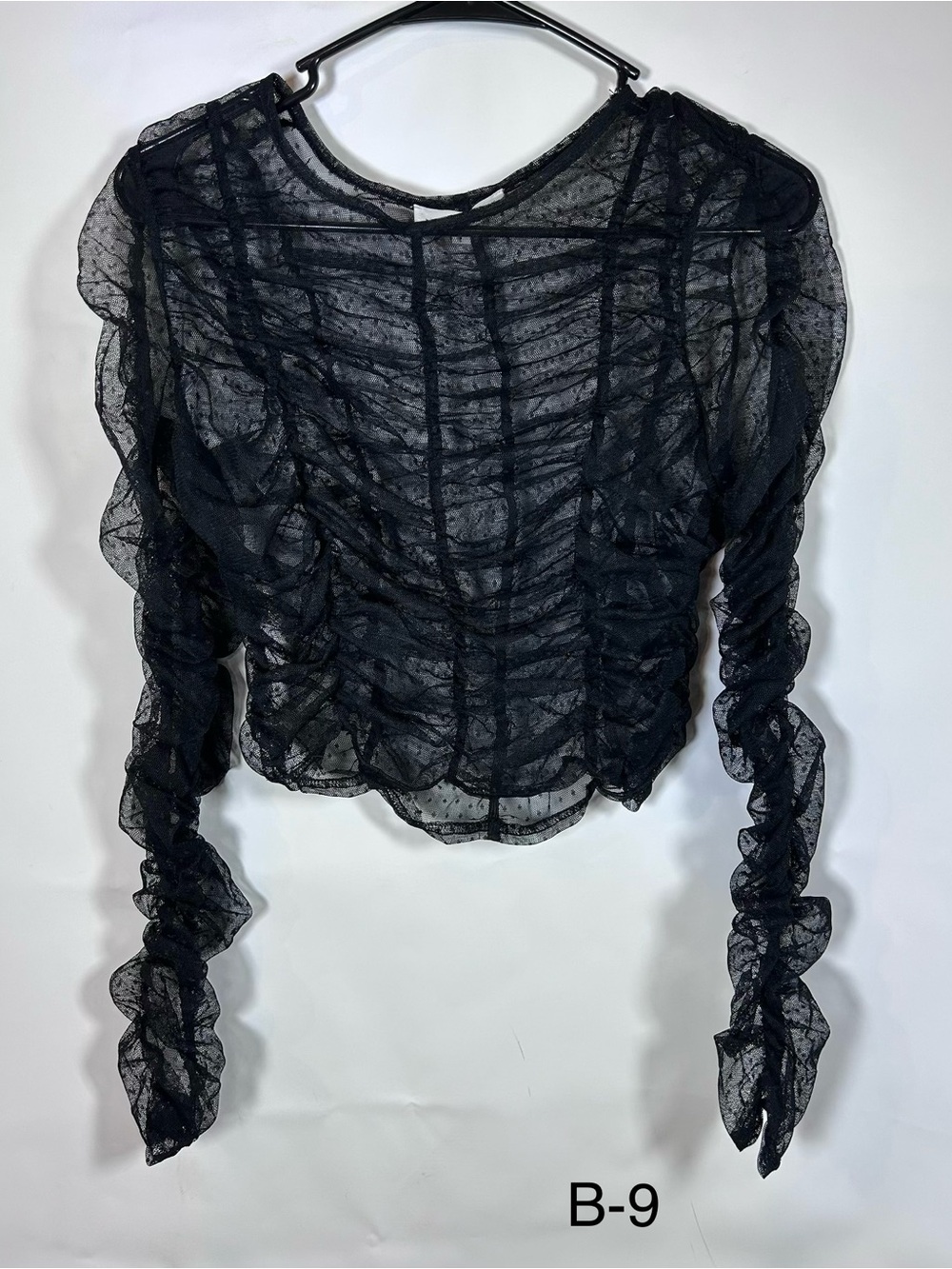 June & Hudson Black Sheer Dotted Mesh Ruched Ruffle Top Size 1